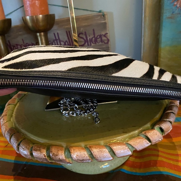 Chico's Zebra Calf Hair Clutch Purse Handbag Leather Silver Chain - Picture 7 of 13